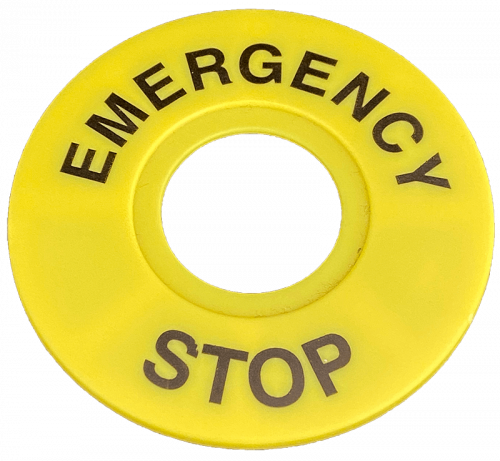 Plastic signalling label for emergency stop button diameter 22 mm