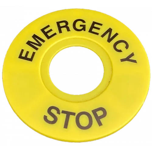 Plastic signalling label for emergency stop button diameter 22 mm